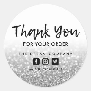 Silver Glitter Business Thank You Custom Classic Round Sticker
