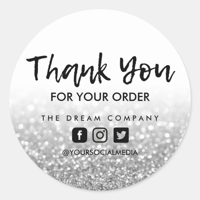 Silver Glitter Business Thank You Custom Classic Round Sticker (Front)