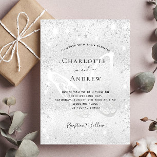 Silver glitter butterfly elegant wedding invitation