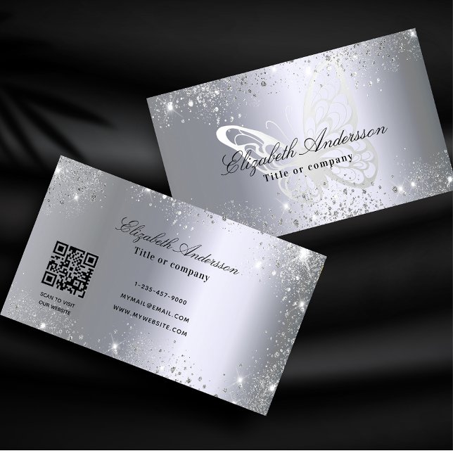 Silver glitter butterfly qr code business card (Creator Uploaded)