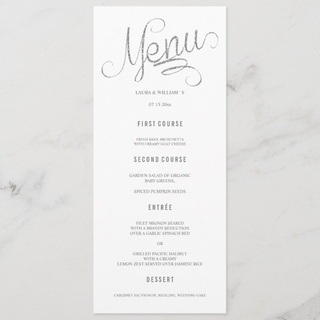 Silver Glitter Calligraphy Wedding Menu Cards (Front)