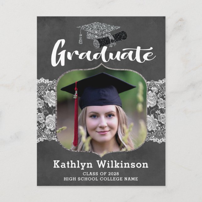 Silver Glitter Cap Photo Graduation Announcement Postcard (Front)