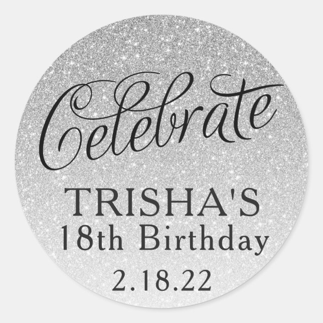 Silver Glitter Celebrate Classic Round Sticker (Front)