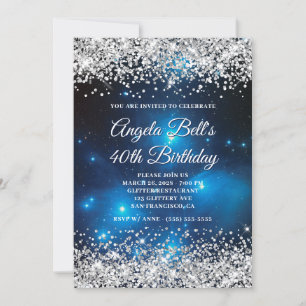 Silver Glitter Celestial Blue 40th Birthday Invitation