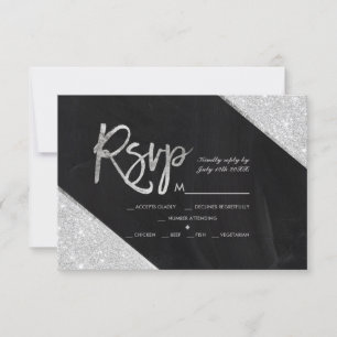 Silver glitter chalkboard  script wedding Rsvp Card