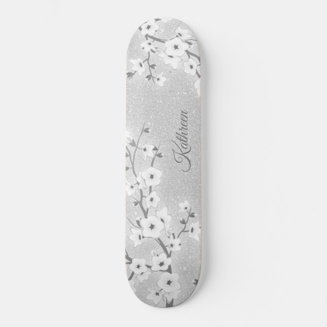 Silver Glitter Cherry Blossom Monogram Girly Skateboard (Front)