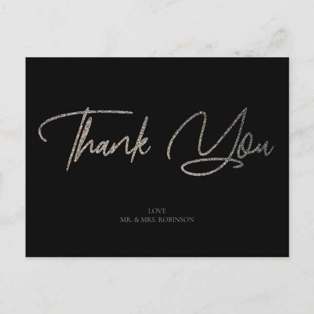 Silver Glitter Chic & Black Thank You Custom Postcard (Front)