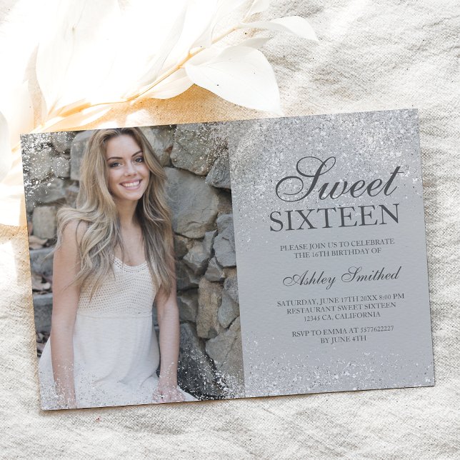 Silver glitter chic princess gray photo Sweet 16 Invitation (Creator Uploaded)