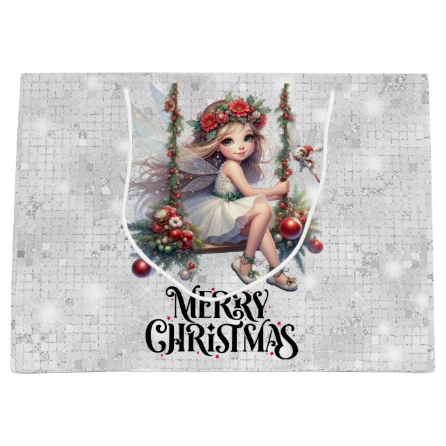Silver Glitter Christmas Fairy Large Gift Bag (Front)