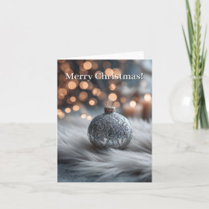 Silver Glitter Christmas Ornament on White Fur Holiday Card