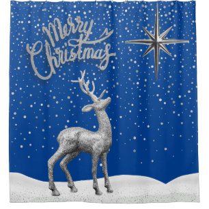Silver Glitter Christmas Reindeer with Silver Star Shower Curtain