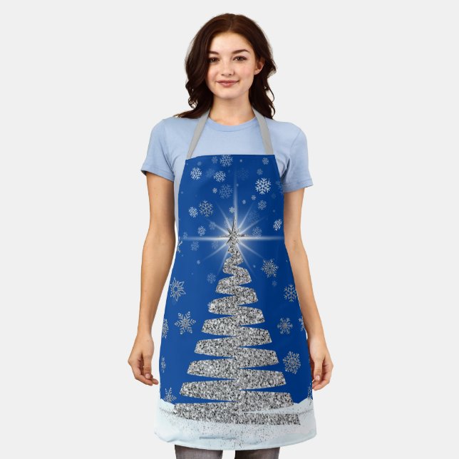 Silver Glitter Christmas Tree On Blue Apron (Worn)