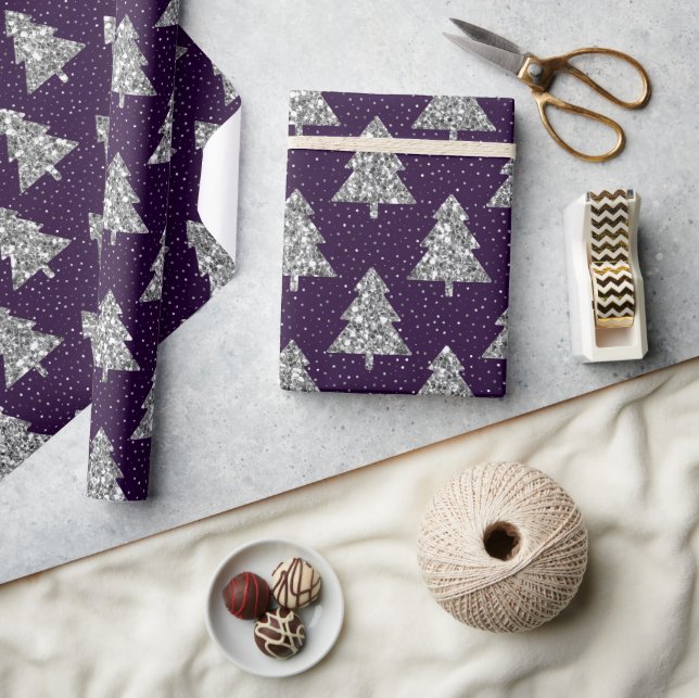 Silver Glitter Christmas Tree Pattern on Indigo Wrapping Paper (Crafts)