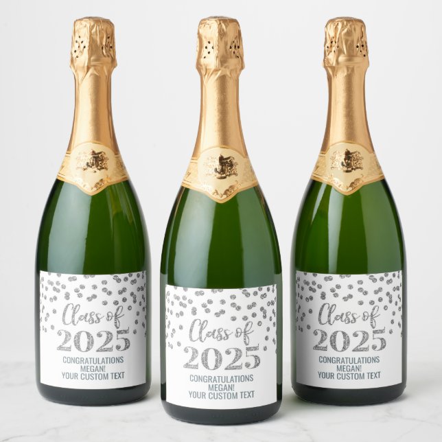 Silver Glitter Class of 2025 Graduation Sparkling Wine Label (Bottles)