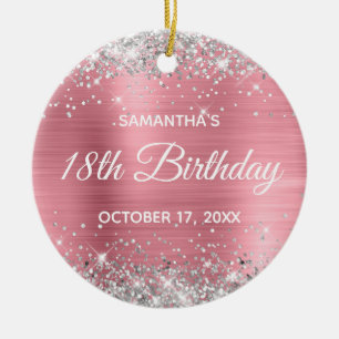 Silver Glitter Classic Pink Foil 18th Birthday Ceramic Tree Decoration
