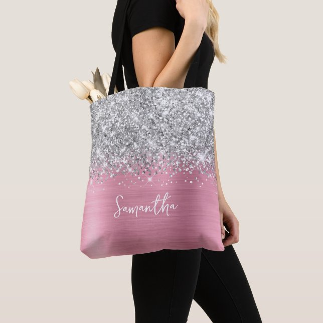 Silver Glitter Classic Pink Glam Name Tote Bag (Close Up)