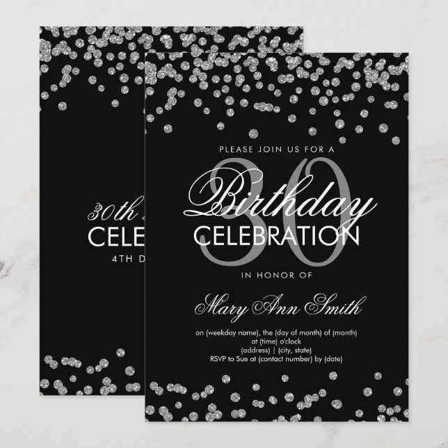 Silver Glitter Confetti 30th Birthday Black Invitation (Front/Back)