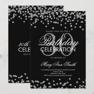 Silver Glitter Confetti 30th Birthday Black Invitation