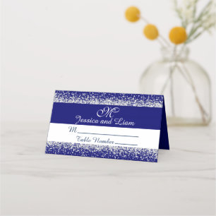 Silver Glitter Confetti and Royal Blue Place Card