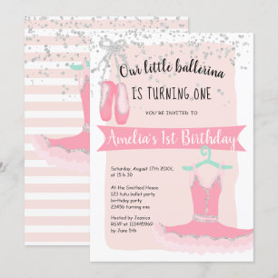 Silver glitter confetti ballerina chic1st birthday invitation