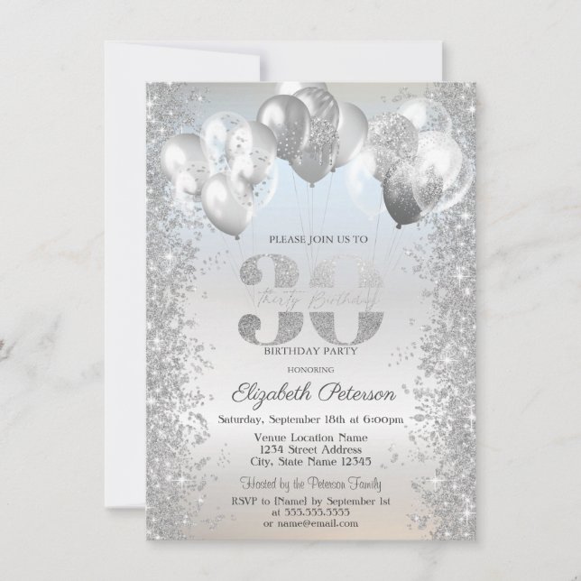 Silver Glitter Confetti Balloons 30th Birthday Invitation (Front)