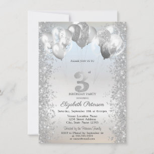 Silver Glitter Confetti Balloons 3rd Birthday Invitation