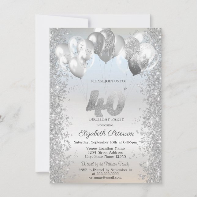 Silver Glitter Confetti Balloons 40th Birthday Invitation (Front)