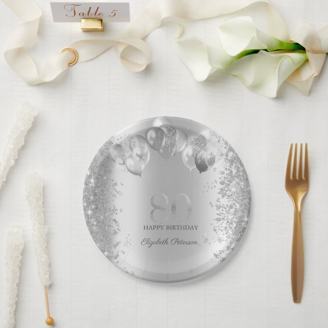 Silver Glitter Confetti Balloons 80th Birthday Paper Plate (Wedding)