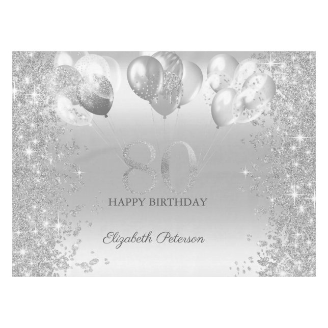 Silver Glitter Confetti Balloons 80th Birthday Tablecloth (Front (Horizontal))