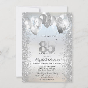 Silver Glitter Confetti Balloons 85th Birthday Invitation