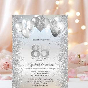 Silver Glitter Confetti Balloons 85th Birthday Invitation