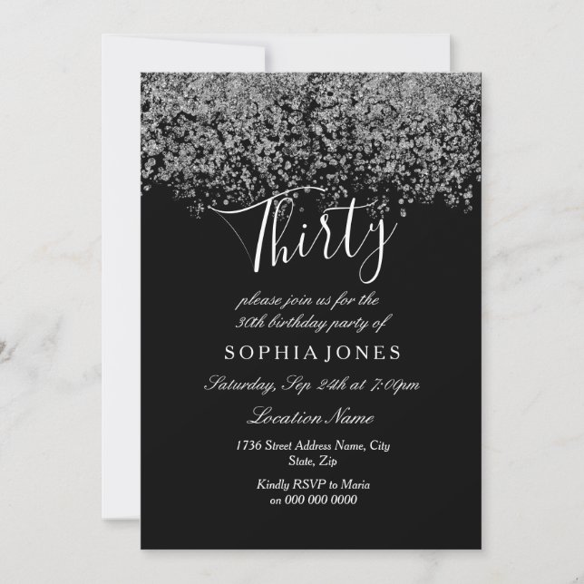 Silver Glitter Confetti Black 30th birthday party Invitation (Front)