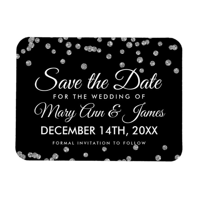 Silver Glitter Confetti Black Wedding Save Date Magnet (Horizontal)