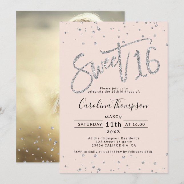 Silver glitter confetti blush Sweet 16 photo Invitation (Front/Back)