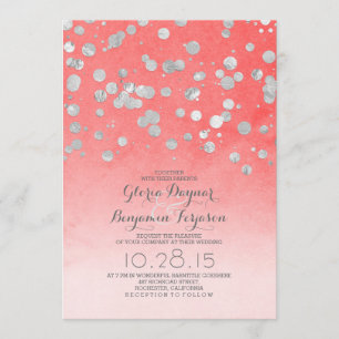 silver glitter confetti coral pink wedding invites