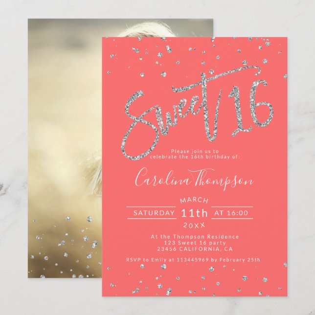 Silver glitter confetti coral Sweet 16 photo Invitation (Front/Back)