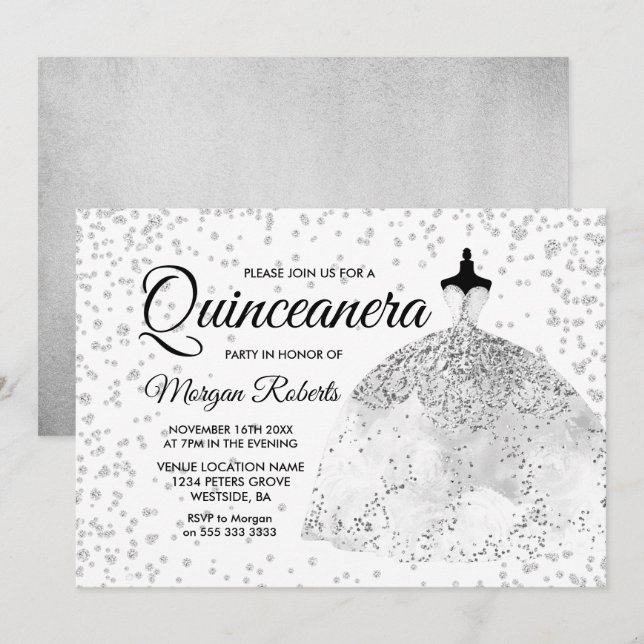 Silver Glitter Confetti Dress Quinceanera Invite (Front/Back)
