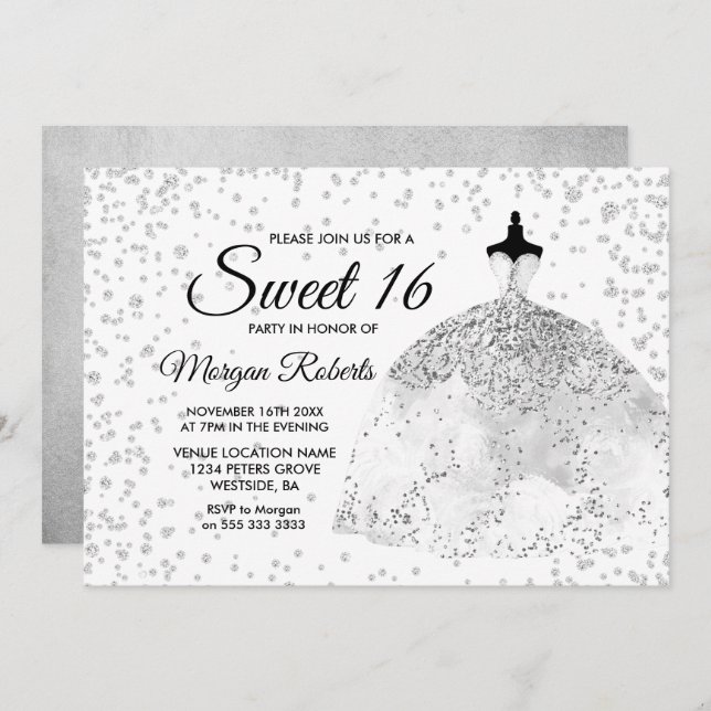 Silver Glitter Confetti Dress Sweet 16 Invite (Front/Back)
