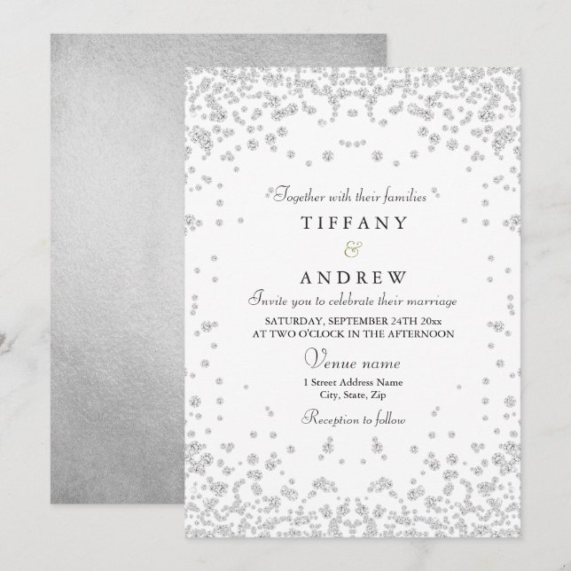 Silver Glitter Confetti Elegant Wedding Invitation (Front/Back)