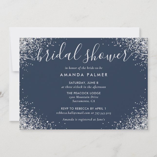 Silver Glitter Confetti Navy Blue Bridal Shower Invitation (Front)