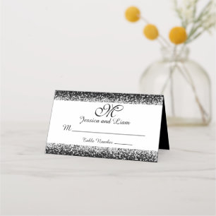 Silver Glitter Confetti on Black Place Card