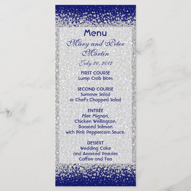 Silver Glitter Confetti on Royal Blue Menu (Front)
