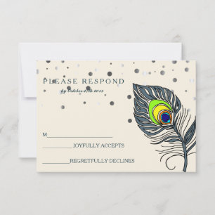 Silver Glitter Confetti Peacock Feather Blue RSVP Card