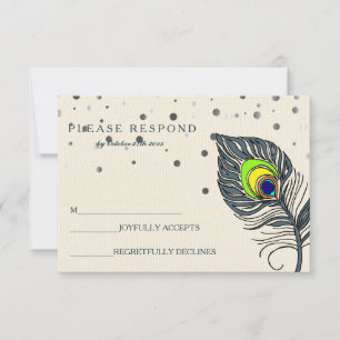 Silver Glitter Confetti Peacock Feather Blue RSVP Card