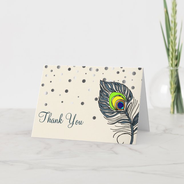 Silver Glitter Confetti Peacock Feather Thank You Card (Front)