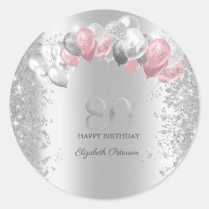 Silver Glitter Confetti Pink Silver Balloons 80th Classic Round Sticker