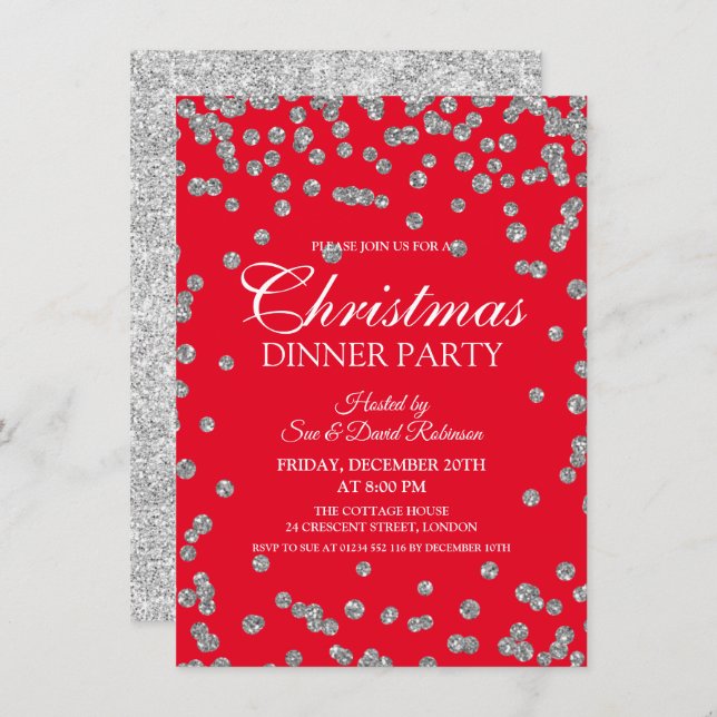 Silver Glitter Confetti Red Christmas Holiday Invitation (Front/Back)