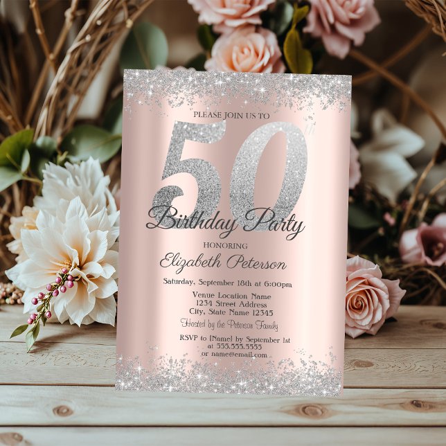 Silver Glitter Confetti Rose Gold 50th Birthday  Invitation (Creator Uploaded)