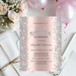Silver Glitter Confetti Rose Gold  Sweet 16  Invitation