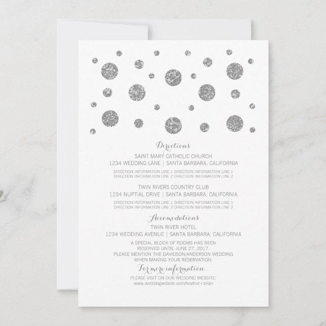 Silver Glitter Confetti Wedding Information Card (Front)